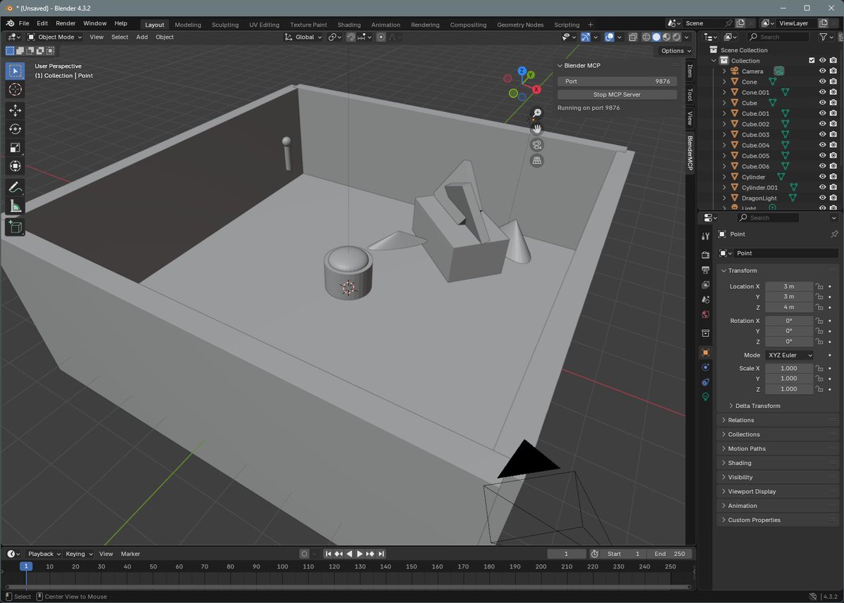 BlenderMCP： 实现Claude AI与Blender交互，通过提示词进行3D建模、场景创建和操作。